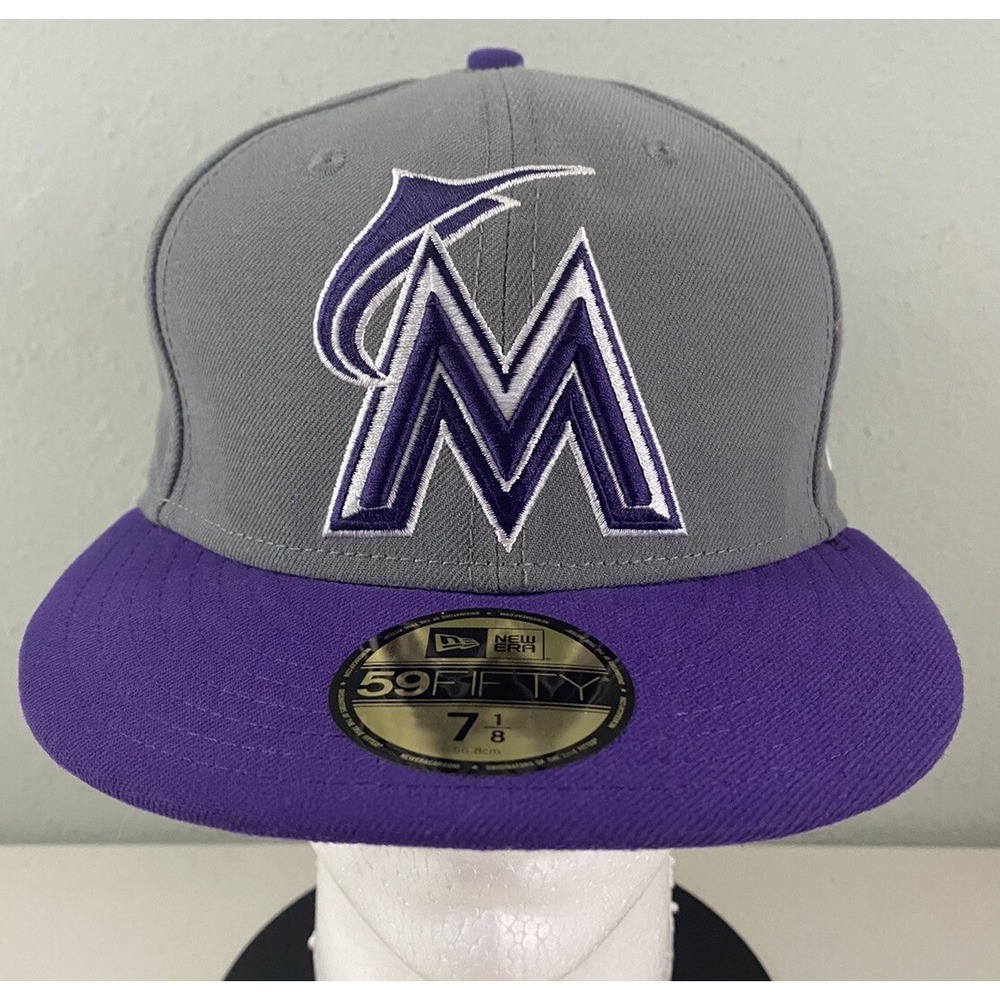New Era Miami Marlins 59FIFTY Fitted Hat 7 1/8 Gray Purple MLB Baseball Cap